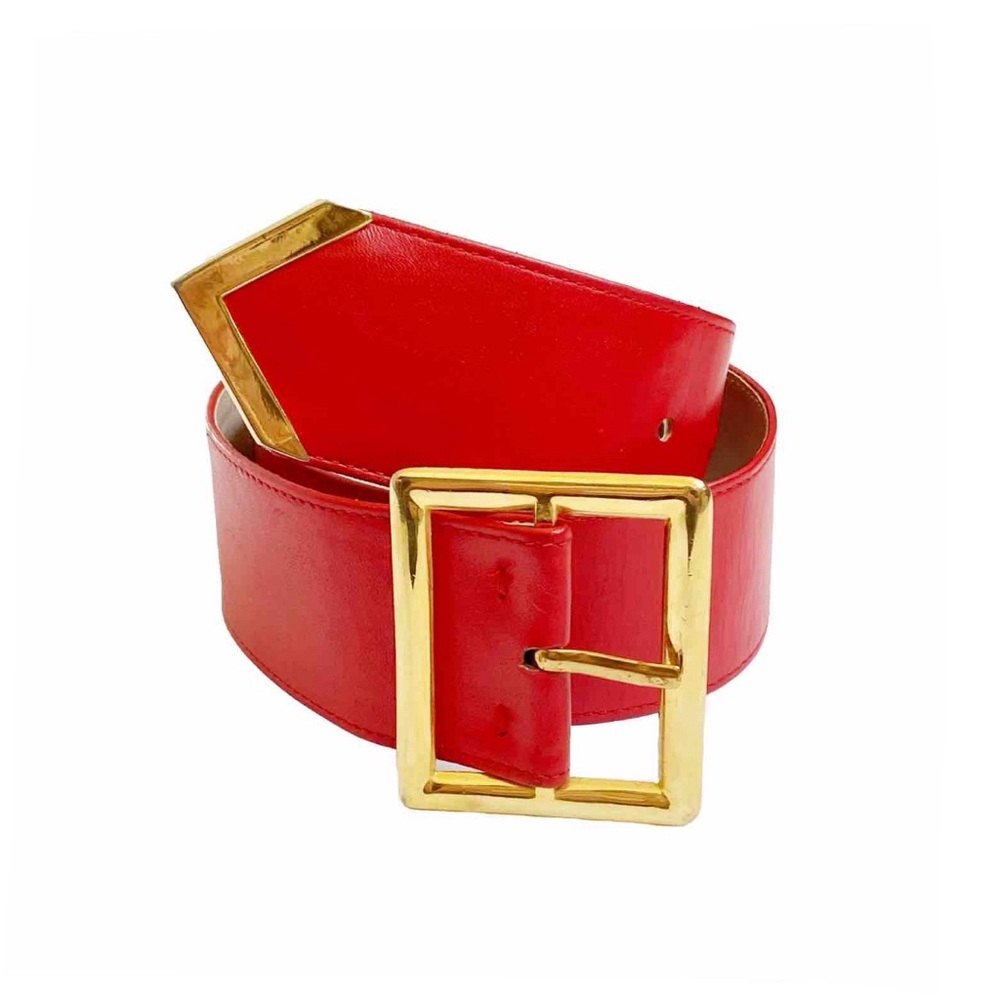 VINTAGE YVES SAINT LAURENT RED LEATHER GOLD BUCKLE BELT